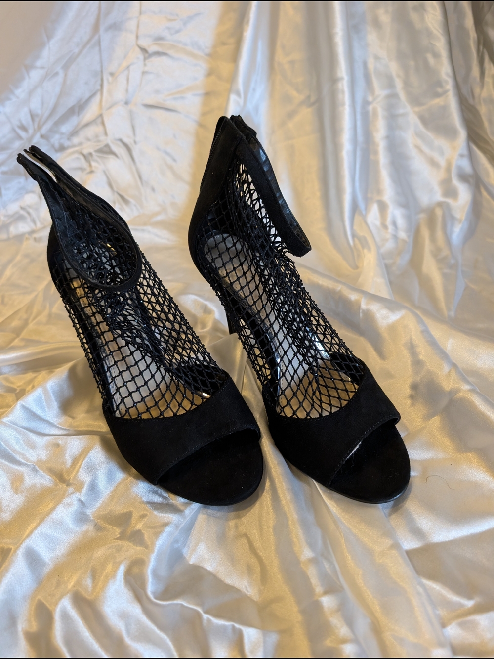 Black Fishnet Peep-Toe Heels with Ankle Strap - Women